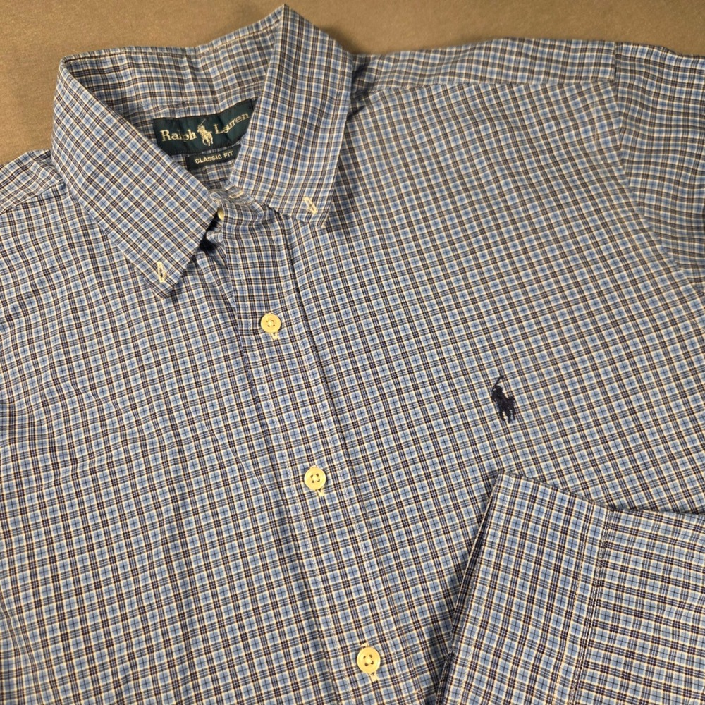 Ralph Lauren Classic Fit Blue Plaid Button Down Shirt Mens L 16 34/35 Cotton